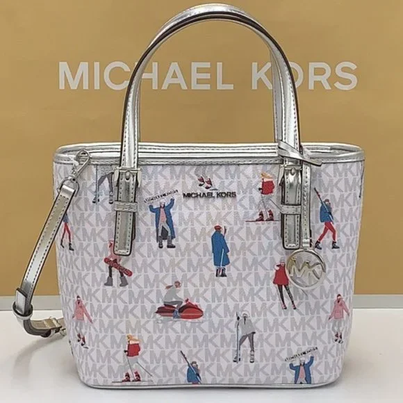Michael Kors Jet Set Girls Print White Signature XS Carryall Top Zip Tote